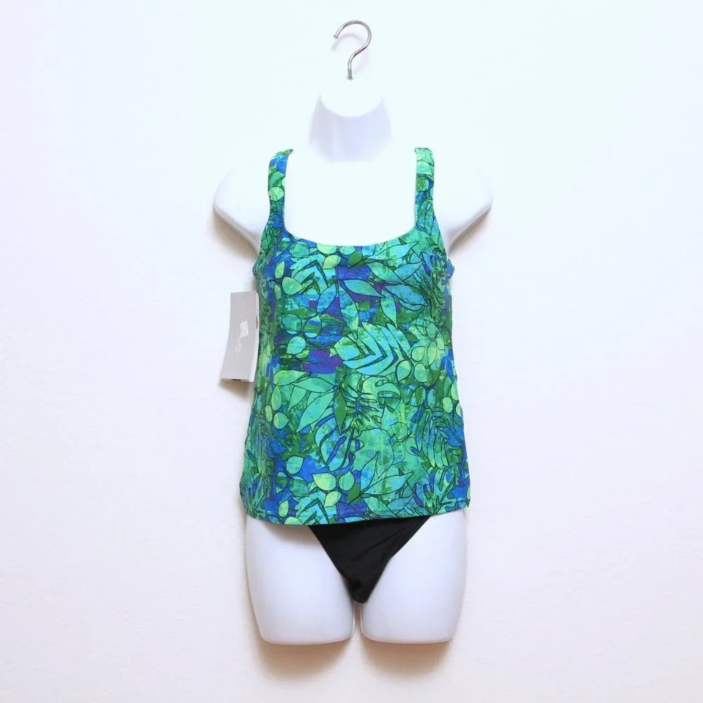 NWT Gottex Green and Blue Floral Tankini Top with Black Brief 12 swimwear - Picture 2 of 14